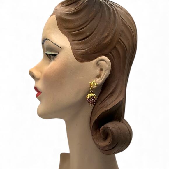 Vintage Avon Red Strawberry Gold Tone Statement Earrings Dangle Pave Rhinestone - Picture 3 of 10